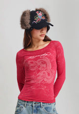 Womens Tattoo Art Fitted Off The Shoulder Long Sleeve Top - Red