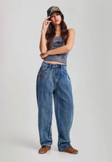 Womens Crawling Dragon Washed Relaxed Jeans - Mid Blue
