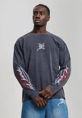 Mens Flying Twin Dragon Graphic Long Sleeve Relaxed T-Shirt - Black