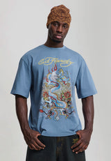 Mens Dragon City Diamante Graphic Relaxed T-Shirt - Blue