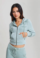Womens Multi Tattoo Fitted Zip Thru Acid Wash Hoodie - Sage
