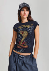 Womens Diamante Snakebite Fitted Cap Sleeve T-Shirt - Black