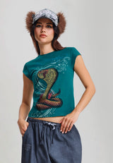 Womens Diamante Snakebite Fitted Cap Sleeve T-Shirt - Teal
