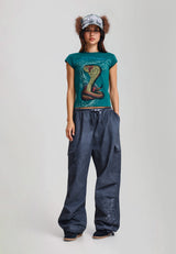 Womens Tattoo Embroidered Washed Relaxed Cargo Pants - Black