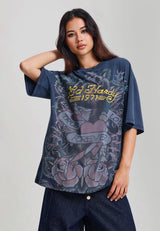 Womens True Love Tattoo Washed Relaxed T-Shirt - Navy