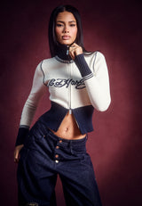 Womens Skull And Serpent Knitted Fitted Zip Thru Jacket - Navy