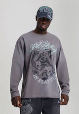 Mens Ed Flying Skulls Relaxed Long Sleeve T-Shirt - Dark Grey
