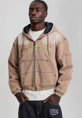 Mens Washed Graphic Relaxed Canvas Jacket - Brown