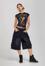 Womens Cross My Heart Relaxed Fit Cargo Jorts - Black
