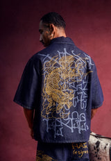 Mens Soaring Dragon Graphic Denim Relaxed Shirt - Indigo