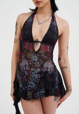 Womens Skull And Flowers Halter Neck Mini Dress - Black