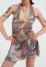 Womens Leopard Dragon Halter Neck Mini Dress - Ecru