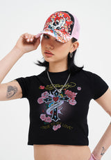 Womens Love Is True Diamante Baby T-Shirt Top - Black