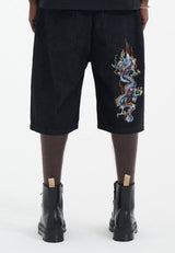 Mens Battle-Dragon Diamante Denim Jorts Shorts - Black