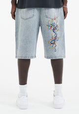 Mens Battle-Dragon Diamante Denim Jorts Shorts - Bleach
