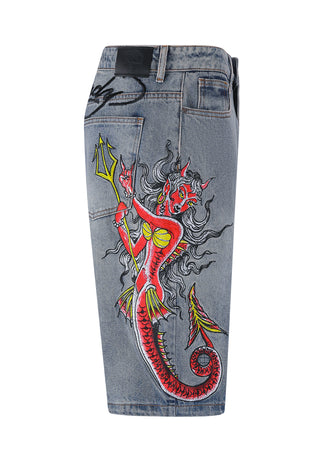 Mens Devil Mermaid Denim Jorts Shorts - Blue