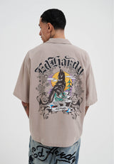 Mens Don Wolf Dragon Printed Camp Shirt - Ecru