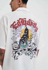Mens Don Wolf Dragon Printed Camp Shirt - White