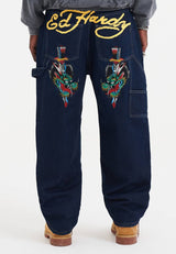 Mens Double Knee Drag Dagger Denim Trousers Jeans - Indigo
