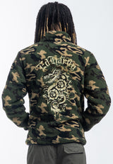 Mens Dragon & Rose Camo Zip Thru Borg Fleece Jacket - Green Camo