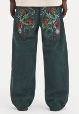 Mens Fireball Dragon Dirty Wash Denim Trousers Jeans - Green