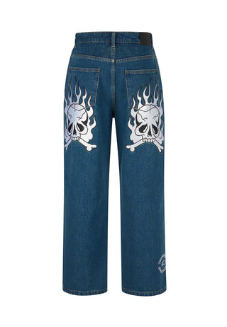Mens Flaming Skull Relaxed Denim Trousers Baggy Jeans - Indigo