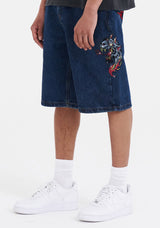 Mens Hell Cats Diamante Denim Jorts Shorts - Indigo