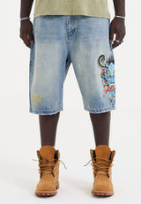 Mens Medusa Drag Denim Skater Jorts Shorts - Bleach