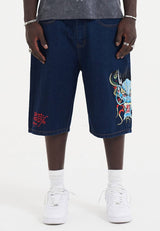 Mens Medusa Drag Denim Skater Jorts Shorts - Blue Rinse