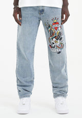 Mens Nyc-Skull Diamante Denim Trousers Jeans - Bleach