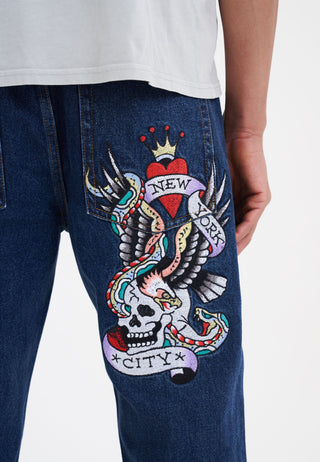 Mens Nyc-Skull Tattoo Graphic Denim Trousers Jeans - Indigo