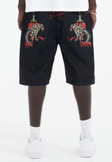 Mens Sever Snake Diamante Denim Jorts Shorts - Black