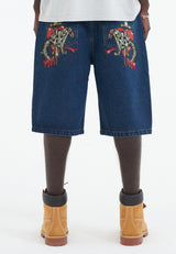Mens Sever Snake Diamante Denim Jorts Shorts - Indigo