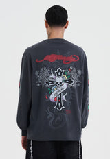 Mens Skull Cross Abstract Long Sleeve T-Shirt - Black
