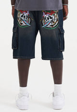 Mens Skull Dagger Thru Snake Relaxed Denim Cargo Jorts Shorts - Indigo