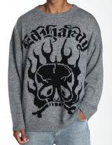 Mens Skull In Flames Jaquard Knitted Jumper - Grey/Black