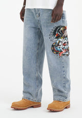 Mens Skull-Snake-Eagle Diamante Denim Trousers Jeans - Bleach
