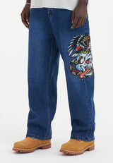Mens Skull-Snake-Eagle Diamante Denim Trousers Jeans - Indigo