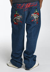 Mens Snake Sever Tattoo Graphic Relaxed Denim Trousers Jeans - Indigo