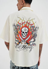 Mens Snakes And Skull Flames Printed Camp Shirt - Beige