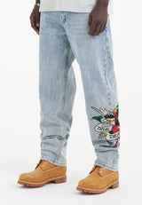 Mens True-Till-Death Diamante Denim Trousers Jeans - Bleach
