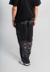 Mens Vintage-Dragon Embroidered Combat Trousers - Black