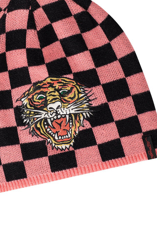 Unisex Checkered-Tiger Beanie Hat - Pink/Black