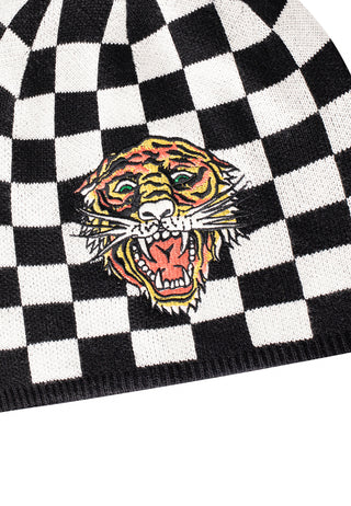 Unisex Checkered-Tiger Beanie Hat - White/Black