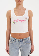 Womens Butterfly Party Rhinestone Cropped Vest Top - White