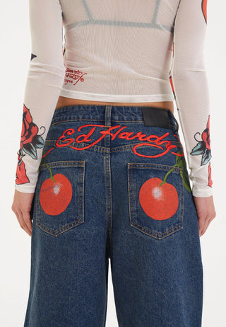 Womens Cherry Love Bomb Relaxed Denim Jorts Shorts - Indigo