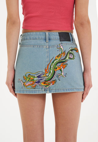 Womens Crawling Dragon Denim Mini Skirt - Blue