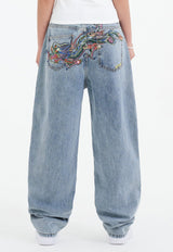 Womens Crystal Crawler Diamante Relaxed Denim Trousers Jeans - Bleach