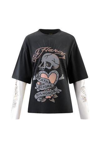 Womens Death & Dishonour Double Sleeve Relaxed Tshirt Top