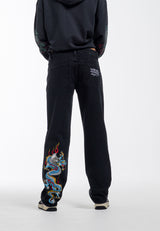 Womens Dragon Flame Straight Leg Denim Trousers Jeans - Black